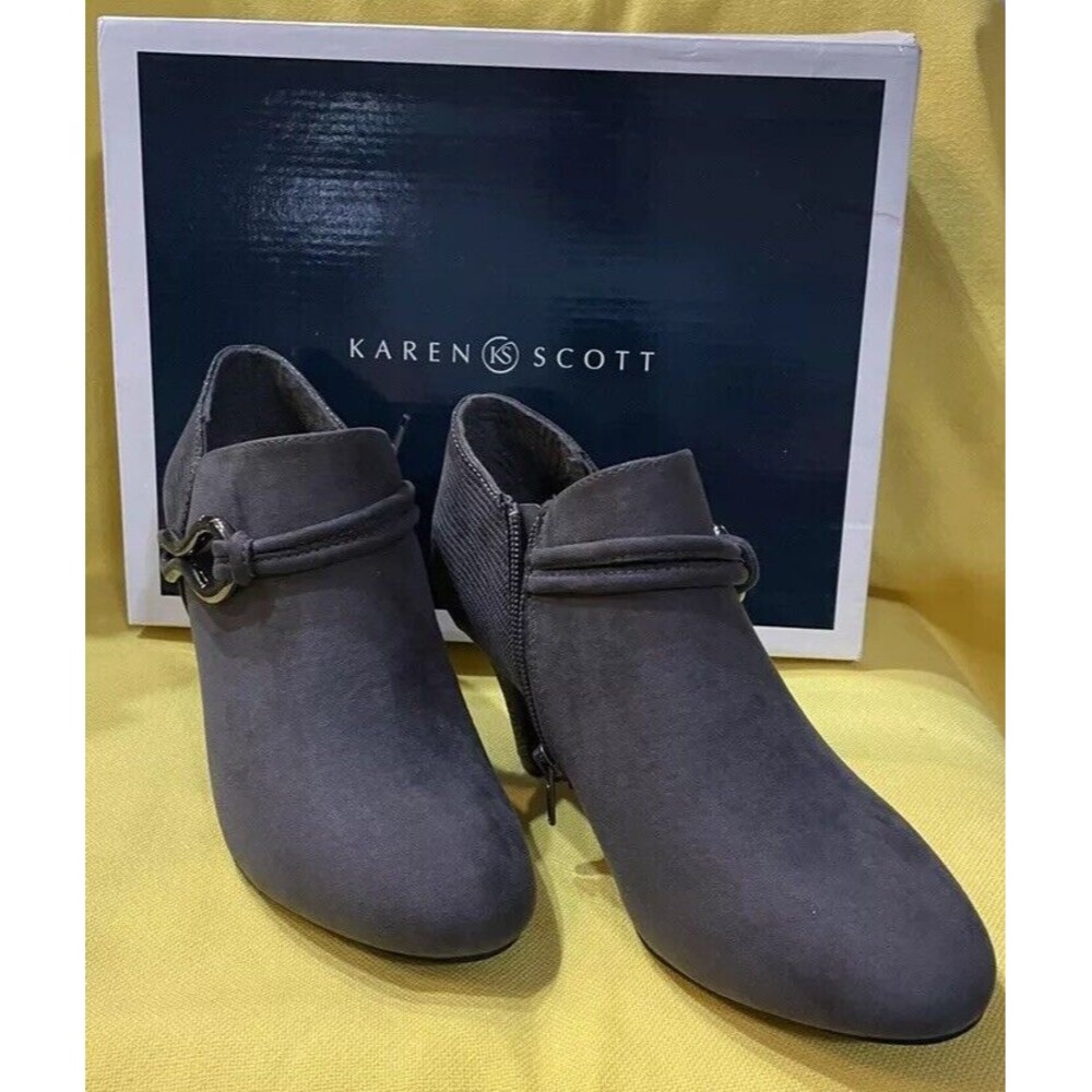 Karen Scott Grey Suede Ankle Boots Side Zip 3” Heel Size 7